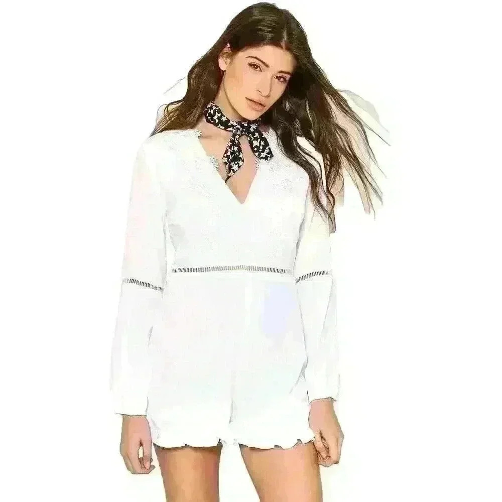 Vera & Lucy Women's Molly Ruffle Trim Crochet Lace White Romper Sz L $60
